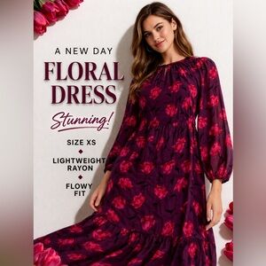 A New Day Floral Dress XS Purple Red Sheer Midi Long Sleeve Romantic